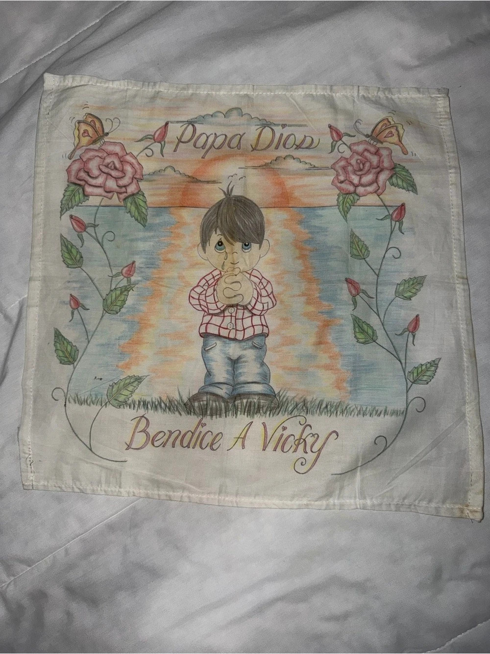 Vintage 1990s Puerto Rico Prison-Made Religious Cloth “Papa Dios Bendice A Vicky